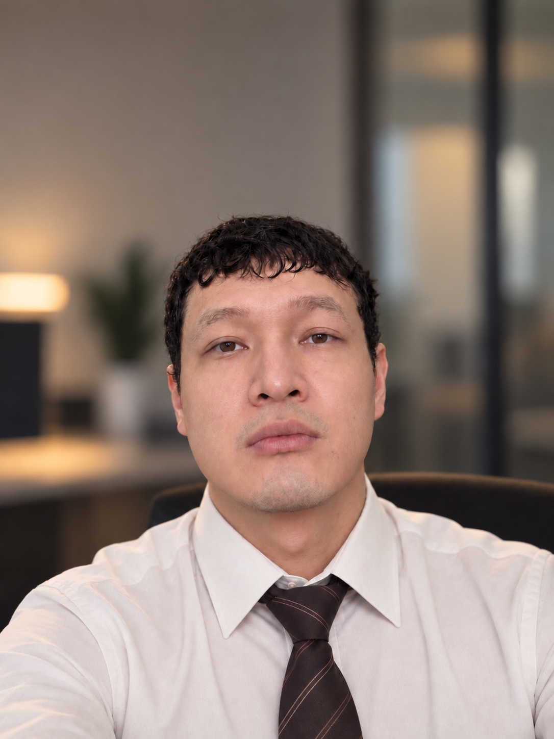 Portrait of Aldo Akhanov in a white shirt and tie